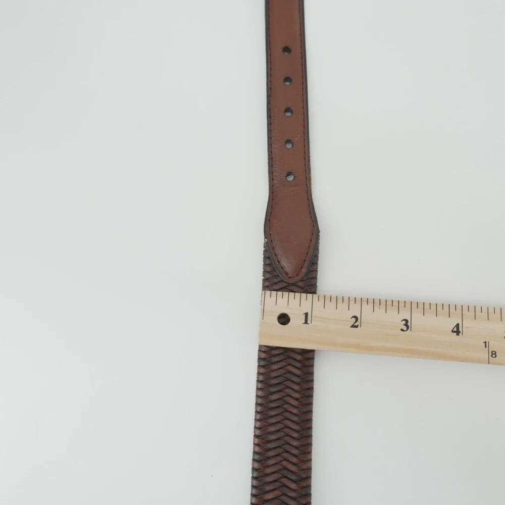 Braided Leather Belt Mens 38-40 Brown Herringbone Woven Silver Buckle